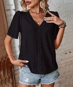 Introducing the Nala Sheer Short Sleeve Top! Unleash your wild side with this playful top in a classic black shade. Perfect for any occasion, this sheer top adds a touch of sass to any outfit. Show off your unique style with the Nala Sheer Short Sleeve Top! Size Guide: Model is 5’7” tall, and has a 33.6” bust, 24.1” waist, & 35.2” hips. She is wearing a S / US 4 / AU 8. This top is true to size. Material: 95% Polyester, 5% Elastane. Feature: V-neckline. Short sleeves. Eyelet detail. Not lined. Lightweight Fabric. Relaxed fit. Care Instructions: Machine wash / Cold hand wash Sheer Short Sleeve Top, Sheer Shorts, Black Shade, Daily Dress, Neck Lace, Lace Edging, Sheer Top, Short Sleeve Top, Black Blouse