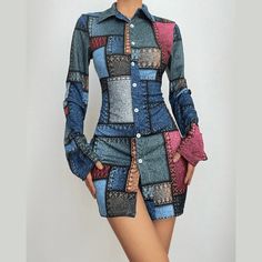 Please refer to our sizing chart for a guideline when choosing a size. 1-3 days order processing time. 90% polyester 10% spandex Long Sleeve Patchwork Mini Dress For Fall, Long Sleeve Dresses With Button Closure, Fitted Long Sleeve Dress With Button Closure, Trendy Blue Collared Dress, Trendy Long Sleeve Mini Dress For Fall, Casual Long Sleeve Mini Dress With Patchwork, Long Sleeve Multicolor Patchwork Mini Dress, Long-sleeved Denim Dress With Buttons, Trendy Long Sleeve Slim Fit Dresses