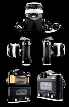 an old fashioned camera with four different angles and body parts, all in black background