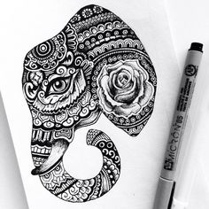 a black and white drawing of an elephant with a rose on it's head