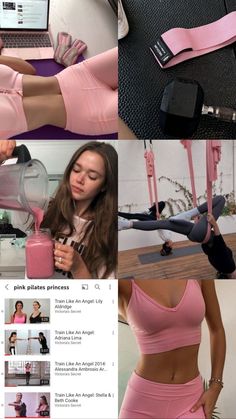 a collage of photos with women in pink outfits and one woman holding a blender