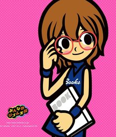 a cartoon girl with glasses talking on her cell phone and holding a binder to her ear