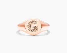 14K Rose Gold Diamond G Initial Signet Ring. This timeless ring will dazzle all who see it. Perfect for any age and occasion, this ring makes the perfect individualized gift! Rose Gold Initial Ring With Round Band For Anniversary, Rose Gold Initial Ring For Anniversary, Anniversary Rose Gold Initial Ring With Round Band, Formal Rose Gold Diamond Signet Ring, 14k Rose Gold Initial Ring, Rose Gold Initial Promise Ring, Luxury Rose Gold Signet Ring For Wedding, Luxury Rose Gold Wedding Signet Ring, Rose Gold Diamond Initial Ring For Promise