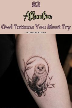 an owl tattoo on the arm with text overlay