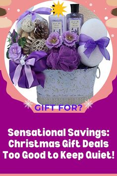 a christmas gift basket with purple flowers and soaps