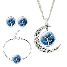 Women Galaxy Glass Cabochon Earrings Silver Jewelry Sets Bangle Moon Necklace Deer Jewelry, Copper Chain Necklace, Moon Tree, Tree Jewelry, Tree Of Life Jewelry, Indian Jewelry Sets, Silver Jewellery Sets, Necklace Chain Lengths, Fashion Jewelry Sets