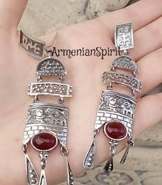 ARMENIAN jewelry. Garnet earrings. Very long Earrings. Boho jewelry red. Bohemian earrings. Taraz armenian. STERLING SILVER 925 FREE shipping Worldwide (tracked) Materials: Sterling silver 925, lab red garnet or natural green jade. For other types of stones, please contact me. Earrings: Weight approx. 18 grams Length: from the highest part of earrings till the bottom about 9 cm = 3.5 inch Please see photos. Ring: Weight approx. 7 grams IF YOU NEED for example JUST EARRINGS, BUT the system requir Armenian Jewelry, Marcasite Earrings, Red Coral Earrings, Coral Earrings, Ethnic Earrings, Garnet Earrings, Jewelry Sterling Silver, Red Earrings, Fall Jewelry