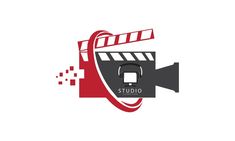 the logo for studio with a movie camera and film strip on it's side