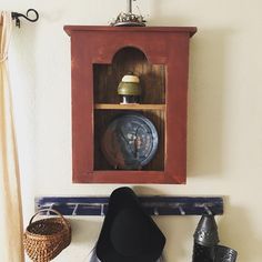 a hat and other items are sitting on a shelf