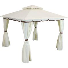 a white gazebo with curtains on the sides and brown trimmings around it