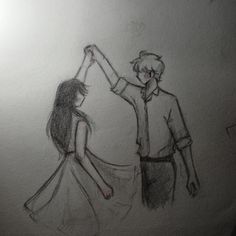 a drawing of two people holding hands with one person's arm in the air