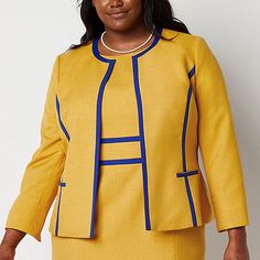 This suit jacket from Black Label by Evan-Picone women's plus collection swaps traditional lapels for an elegant crew neckline for a sophisticated update to classic tailoring. Made from a smooth warm gold fabric with blue trim, this blazer has an open front, long sleeves with slits at the cuffs, and side slip pockets. Layer over the coordinating dress and heels or jeans.Front Style: Single BreastedFeatures: PipedClosure Type: Open FrontFit: Classic FitPockets: 2 Front Slip PocketsSleeve Length: Long SleeveSleeve Style: Vent SleeveApparel Length: 25 InchesFiber Content: 100% PolyesterFabric Description: MelangeLining: LinedLining Material: PolyesterCare: Dry Clean OnlyCountry of Origin: Imported Classic Tailoring, Suit Jackets For Women, Character Inspo, Blue Trim, Gold Fabric, Business Suit, Dress And Heels, Suit Jackets, Trending Now