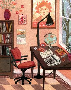 a painting of a room with a desk, chair and bookshelf