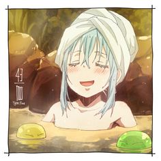 an anime character with blue hair wearing a white towel on his head and sitting in the water