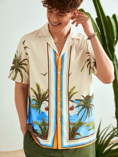 Loose Fit Men's Coconut Tree Jacquard Casual Short Sleeve Shirt, For Boyfriend Gift, For Vacation, Beach Multicolor Boho  Short Sleeve Woven Fabric Tropical Shirt Non-Stretch  Men Clothing, size features are:Bust: ,Length: ,Sleeve Length: Men In Hawaiian Shirts, Hawaii Outfits Men, Tropical Outfit Men, Beach Clothes Men, Mens Beach Fashion, Francisco Vasquez, Hawaiian Outfit For Men, Beach Outfit For Men, Summer Graphic Tees