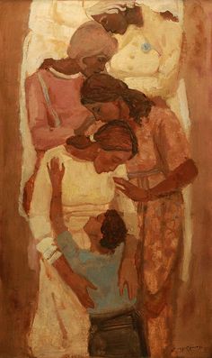 an oil painting of three women hugging each other in front of a white wall and brown background