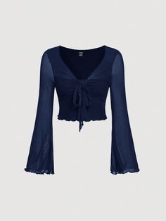 Fancy Tops For Women, Blue Clothes Aesthetic, Navy Blue Outfits, Famous Clothes, Aesthetic Tops, Navy Blue Outfit, Dark Blue Top, Flowy Shirts, Bell Top