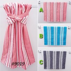 three pictures of towels hanging on the wall and one showing how to tie them together