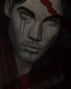 a drawing of a man with blood on his face