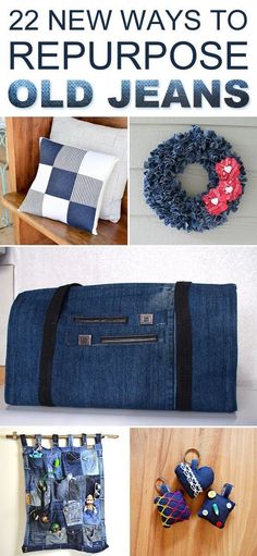 an old jean bag with the title 22 new ways to repurpose old jeans