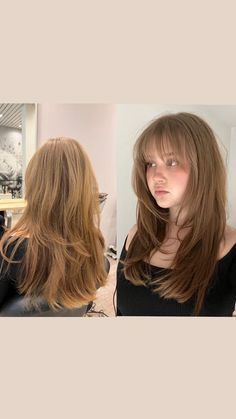 #hairstyleideas Layered Trendy Hair, Copper Hair With Curtain Bangs And Layers, Hair Inspired Layers, Straight Bangs Layered Hair, 90s Layered Hair With Fringe, Long Layers And Bangs Straight Hair, What Bangs Fit My Face Shape, Long Hair With Layers And Bangs Straight, Fringe With Layered Hair