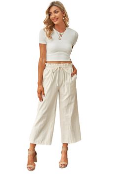 Khaki Paperbag Waist Straight Leg Cropped Pants Casual Beige Wide Leg Pants For Spring, Casual Summer Wide Leg Pants With Paperbag Waist, White Paperbag Waist Casual Bottoms, Casual Cotton Wide Leg Pants With Paperbag Waist, Casual Wide Leg Cotton Pants With Paperbag Waist, Spring Relaxed Fit Paperbag Waist Pants, Spring Relaxed Fit Pants With Paperbag Waist, Summer Paperbag Waist Wide Leg Pants With Pockets, Summer Wide Leg Paperbag Waist Pants With Pockets