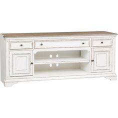 a white tv stand with drawers and two doors