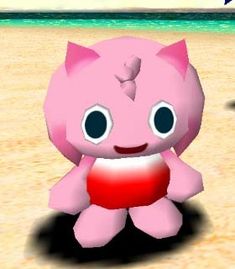 a pink cat sitting on top of a sandy beach