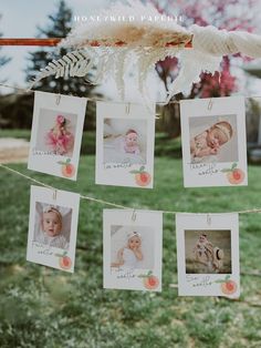 some pictures hanging from a clothes line in the grass