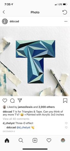 an instagram page with the letter t on it's left side and paper cut out to look like origami