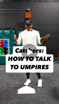 a man is standing in front of a screen with the words cats how to talk to umpires