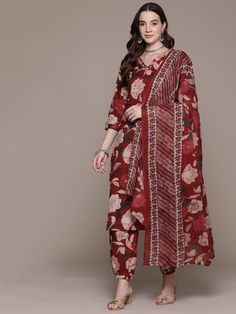 Floral Printed Thread Work Pure Cotton Kurta with Salwar & Dupatta PRODUCT DETAILS  Maroon printed Kurta with Salwar with dupatta Kurta design: Floral printed Straight shape Regular style V-neck, three-quarter regular sleeves Thread work detail Calf length with straight hem Pure cotton machine weave fabric Salwar design: Printed Salwar Elasticated waistband Drawstring closure Size & Fit Size worn by the model: 38 Chest: 32" Waist: 25'' Hips: 37'' Height: 5'8" Dupatta length: 2.25mtrDupatta width Festive Georgette Kalamkari Dupatta, Red Floral Print Straight Kurta Set, Kalamkari Palazzo Set For Diwali, Semi-stitched Chanderi Palazzo Set With Floral Print, Red Floral Print Unstitched Kurta, Georgette Dupatta With Kalamkari Print In Traditional Drape, Navratri Georgette Sets With Printed Motifs, Unstitched Floral Print Palazzo Set For Navratri, Designer Wear Dupatta With Block Print