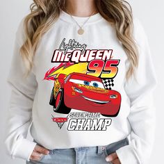 Disney Pixar Lightning Mcqueen 95 Seven Time Champ T-shirt Disney Fan Merchandise Crew Neck Sweatshirt, Disney Crew Neck Sweatshirt Fan Merchandise, Disney Crew Neck Sweatshirt For Fans, White Disney Character Print Sweatshirt, White Cartoon Print Sweatshirt For Fan Merchandise, Disney White Cartoon Print Sweatshirt, Disney Crew Neck T-shirt With Sublimation Print, Disney White Sweatshirt With Cartoon Print, White Disney Cartoon Print Sweatshirt