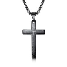 Men's Christian Necklace Lord's Prayer (Black) Black Stainless Steel Jewelry For Memorial, Personalized Black Spiritual Necklaces, Personalized Spiritual Black Necklaces, Father's Day Black Engraved Jewelry, Black Stainless Steel Necklace For Memorial, Black Laser Engraved Jewelry For Father's Day, Personalized Black Cross Pendant Necklace, Father's Day Black Laser Engraved Jewelry, Black Engraved Crucifix Necklace