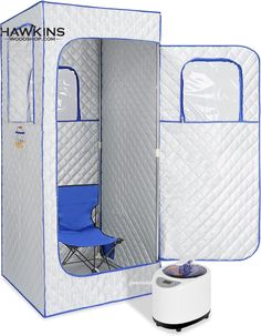 a portable shower with the door open and chair in it, next to an air humider