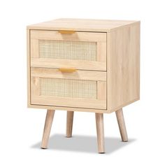 two drawers with wooden legs and wicker handles