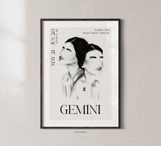 a black and white poster with the words gemini on it in front of a wall