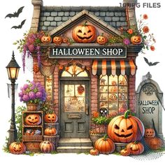 a halloween shop with pumpkins and decorations