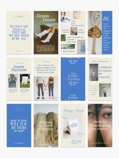 several different types of brochures are shown in blue and white colors, with the words dream written on them