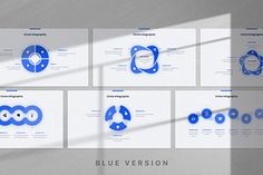 six blue and white presentation templates on a gray background