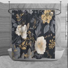 a shower curtain with flowers and leaves on it