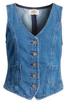 Patch pockets and princess seams adorn this easy denim vest secured by buttons down the front. Front button closure V-neck Sleeveless Front patch pockets Machine wash, tumble dry 100% cotton Made in Turkey Casual Denim Blue Vest With Buttons, Casual Denim Sleeveless Vest With Snap Buttons, Casual Medium Wash Vest For Workwear, Spring Dark Wash Vest With Buttons, Denim Blue Workwear Vest With Pockets, Casual Medium Wash Vest With Buttons, Denim Blue Vest With Pockets For Workwear, Dark Wash Cotton Denim Vest With Button Closure, Casual Medium Wash Button-up Vest