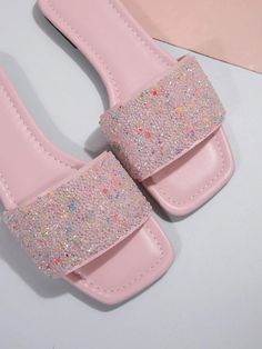 Sparkling Summer: Women's Plus Size Flat Sandals with Rhinestone Embel Summer Embellished Flat Heel Sandals, Trendy Pink Flats For Summer, Trendy Summer Party Flats, Embellished Round Toe Flats For Summer, Embellished Flat Heel Sandals For Spring, Spring Embellished Flat Heel Sandals, Glamorous Pink Sandals For Summer, Flat Rhinestone Sandals For Summer, Flat Sandals With Rhinestones For Spring