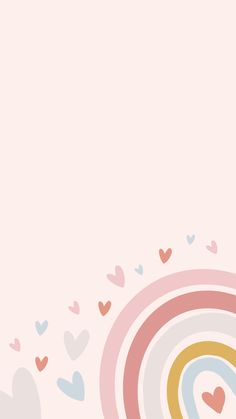 a pink background with hearts flying in the air and a rainbow shaped object above it