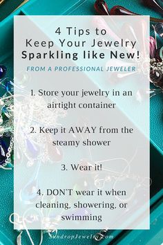 a blue tray with jewelry on it and the words, 4 tips to keep your jewelry sparkling like new from a professional jeweler