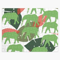 a puzzle with elephants and leaves in green, red, and pink colors on it