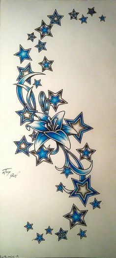 a drawing of stars with blue and white ink