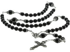 Sterling Silver Rosary Necklace Onyx with Crucifix & Miraculous Medal Spiritual Black Jewelry With Polished Beads, Elegant Black Rosary With 8mm Beads, Black Onyx 8mm Bead Jewelry, Black Onyx Jewelry With 8mm Beads, Black Onyx 8mm Beads Jewelry, Black Sterling Silver Jewelry With Polished Beads, Black Onyx Jewelry With Silver Beads, Black Gothic Jewelry With 8mm Beads, Black Sterling Silver Jewelry With 8mm Beads