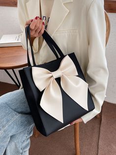 Black Fashionable   PU Leather Colorblock Shoulder Tote Bag    Women Bags Street Style Handbags, Minimalist Clutch, Sac Tote Bag, Hand Bags For Women, Bow Bag, Pretty Bags, Shoulder Tote Bag