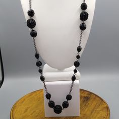 "Vintage Avon Black Beads on Gunmetal Chain Necklace, Gothic Floating Stations, Long Emo Fashion 42\" Very Nice Condition. Gently Used Size: Womens 42\" Condition: Pre-Owned Good" Party Long Necklace With Round Beaded Chain, Long Beaded Chain Necklace For Evening, Evening Long Necklace With Beaded Chain, Formal Costume Jewelry Necklaces With Beaded Chain, Evening Costume Jewelry Necklace With Faceted Beads, Formal Beaded Chain Costume Jewelry Necklace, Formal Necklaces With Chain And Round Beads, Formal Beaded Chain Costume Necklace, Evening Necklace With Round Beads Chain